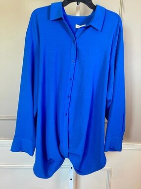 Calvin Klein Women's NWT Button Down Twist Blouse Top Shirt Royal Blue Tunic